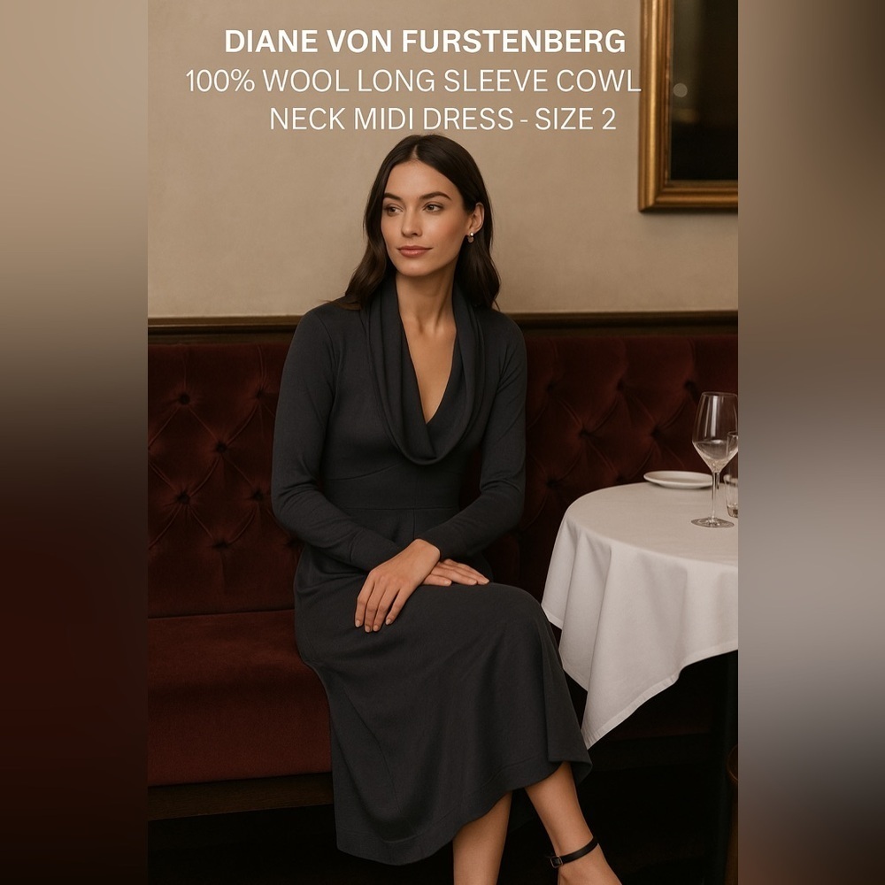 Diane von Furstenberg 100% Wool Long Sleeve Cowl Neck Midi Dress – Size 2